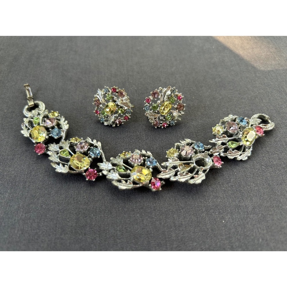 Vintage Lisner Multi-Color Rhinestone Bracelet and Clip-On Earring Set Silver